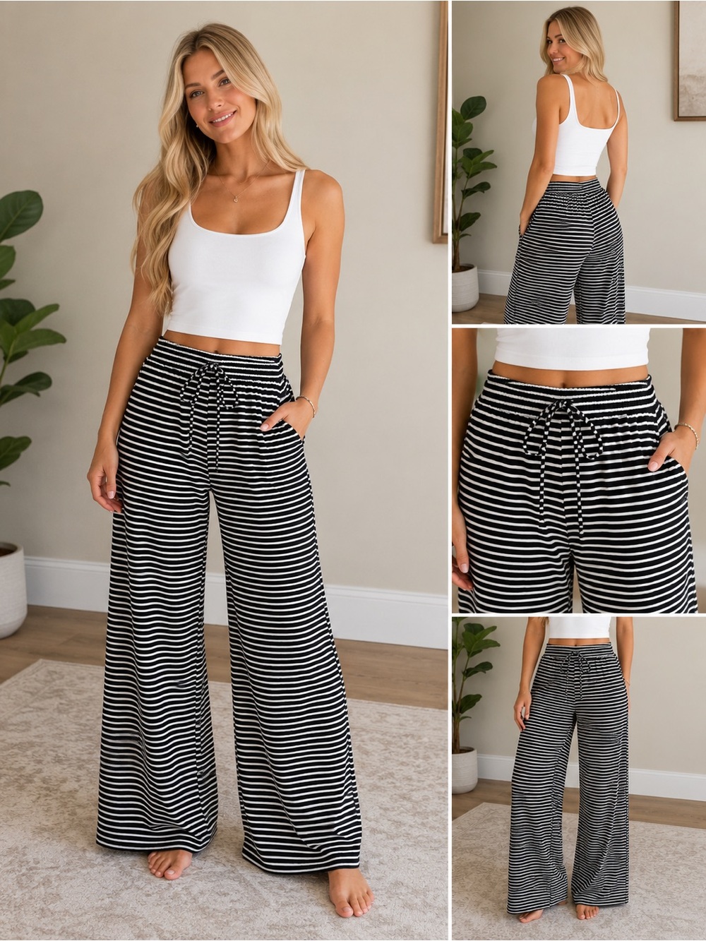Reformation Black White Striped Wide Leg Lounge Pants Women’s Small Drawstring
